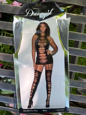 Dreamgirl Black Slashed Dress & Thigh High Leotard One Size Fits Most